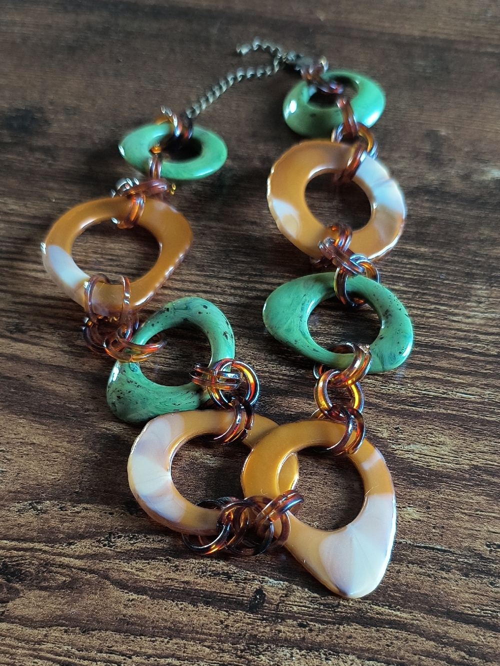 Handcrafted Green and Amber Resin Link Necklace